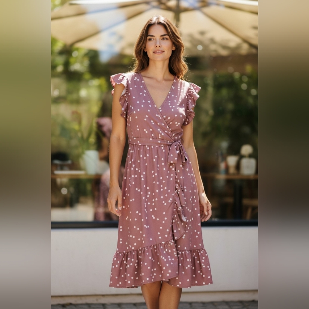 Iffei Womans Dusty Rose White Polka-Dot Dress Size SM Faux Wrap Midi Peplum Soft